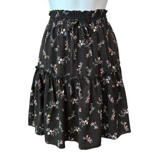 Alelly Floral Tiered Mini Skirt M‎ Black Ruffle Boho Cottagecore